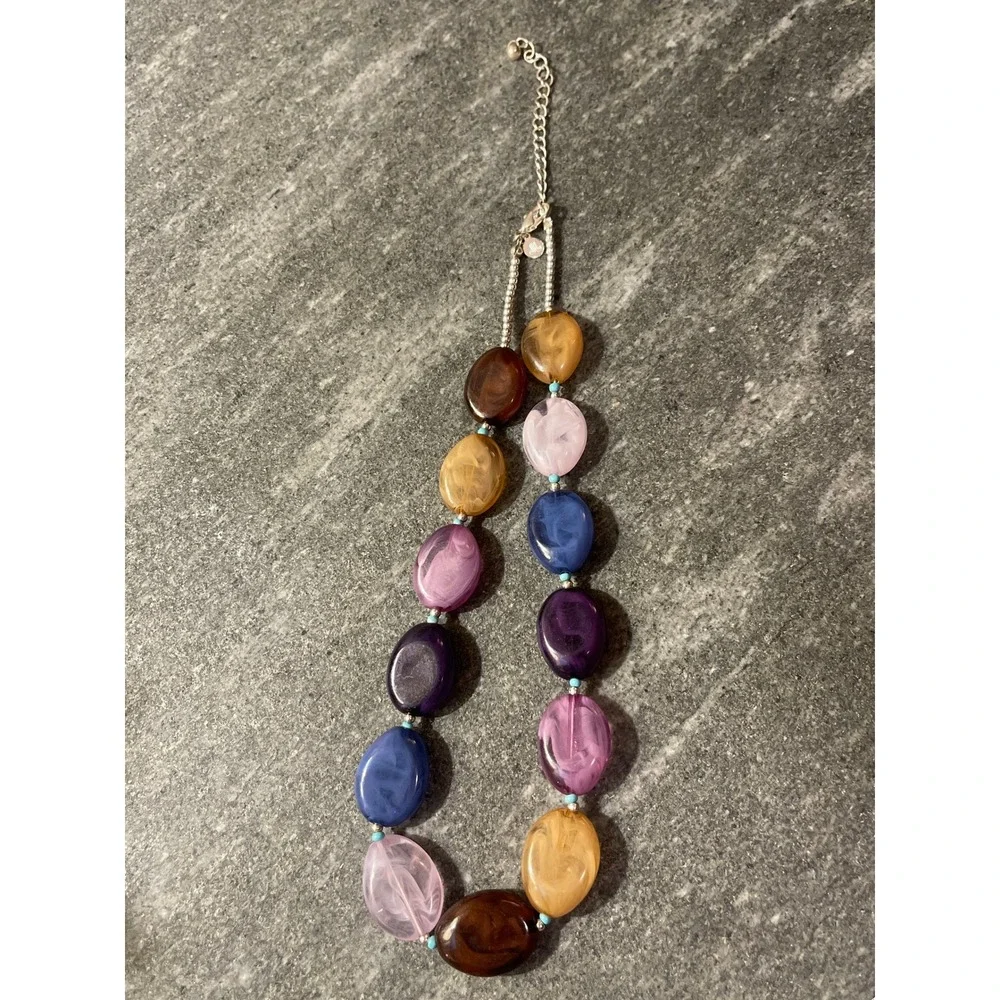 Multi Color Resin Oval Bead Necklace Boho Statement Adjustable Silver Tone Clasp